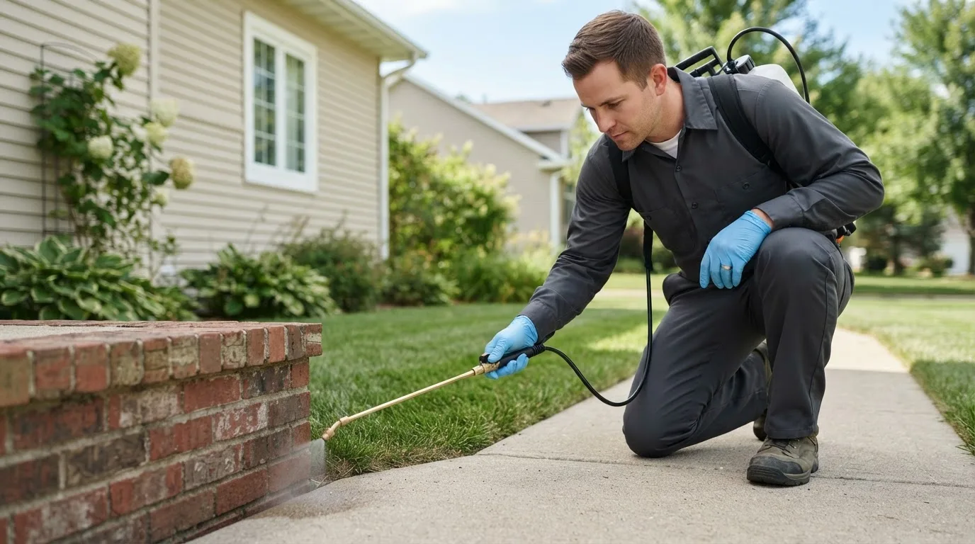 Pest control technician treating a home near Huttig, AR